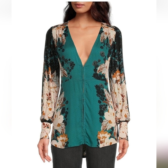 Free People Tops - Free People Teal Floral Long Sleeve Blouse EUC
